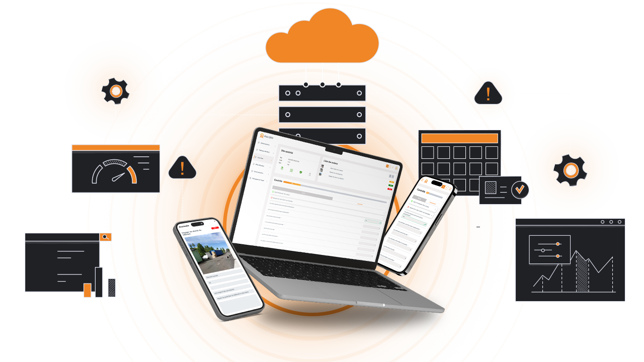 Illustration d'Alea360 mettant en avant les fonctionnalités clés de la solution SAAS pour les entreprises multi-sites : contrôle, plan d'action, communication, le tout dans une approche simplifiant la gestion des risques.